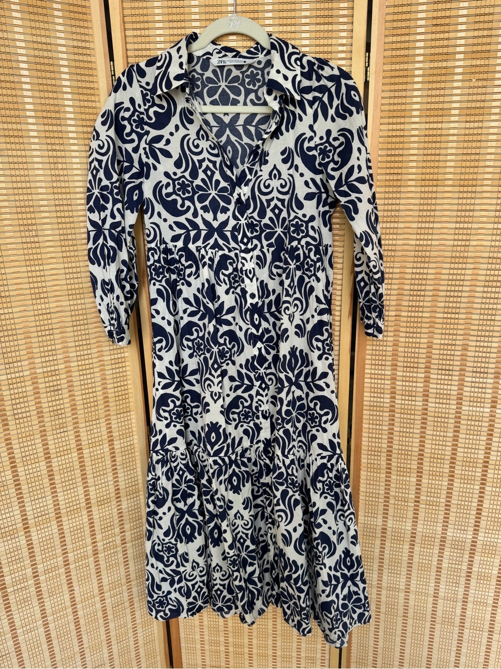 Zara Navy and White Lightweight Floral Long Sleeve Shirt Dress